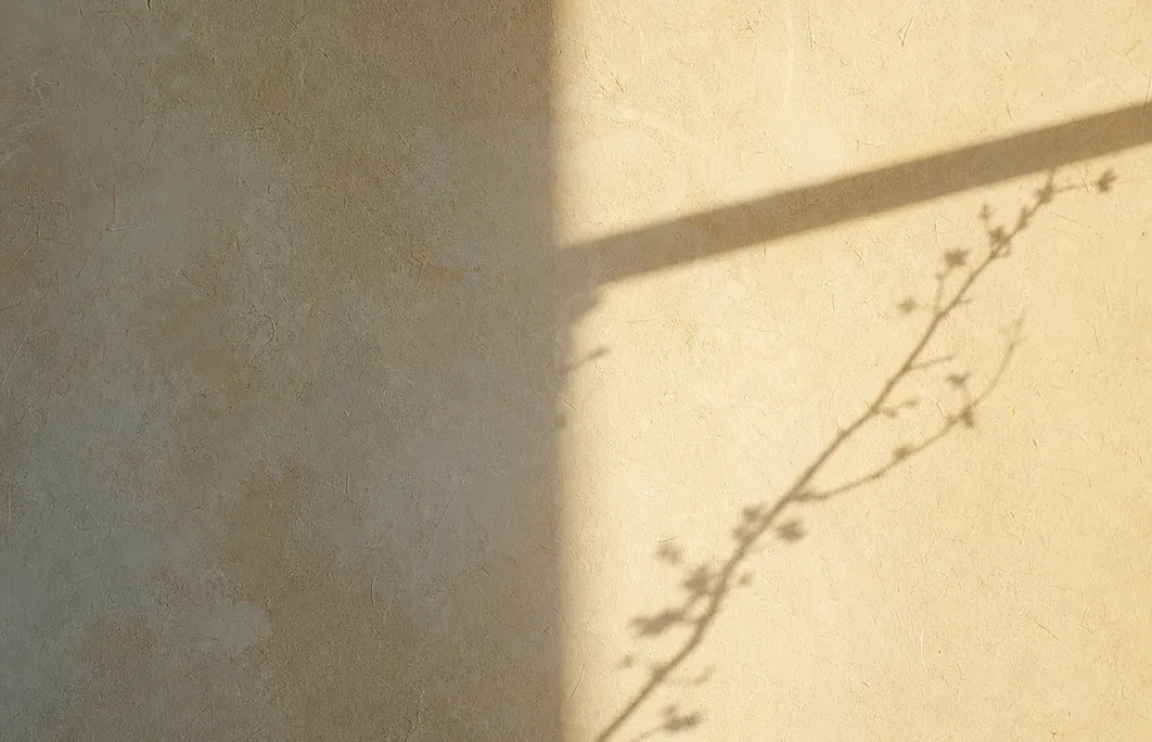 An earthen wall where light and branch-shadow meet
