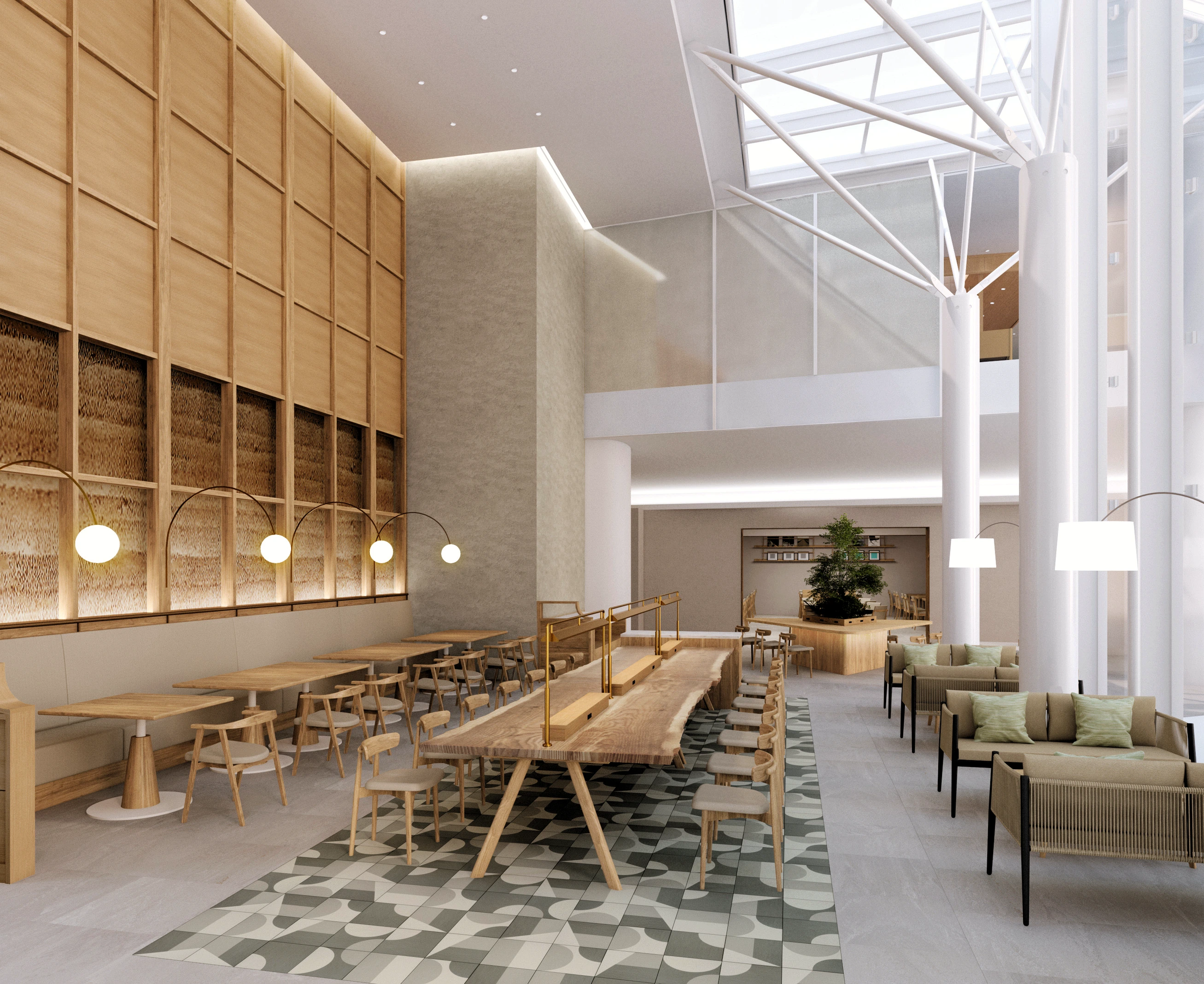 Illustration of the café interior filled with light from an atrium