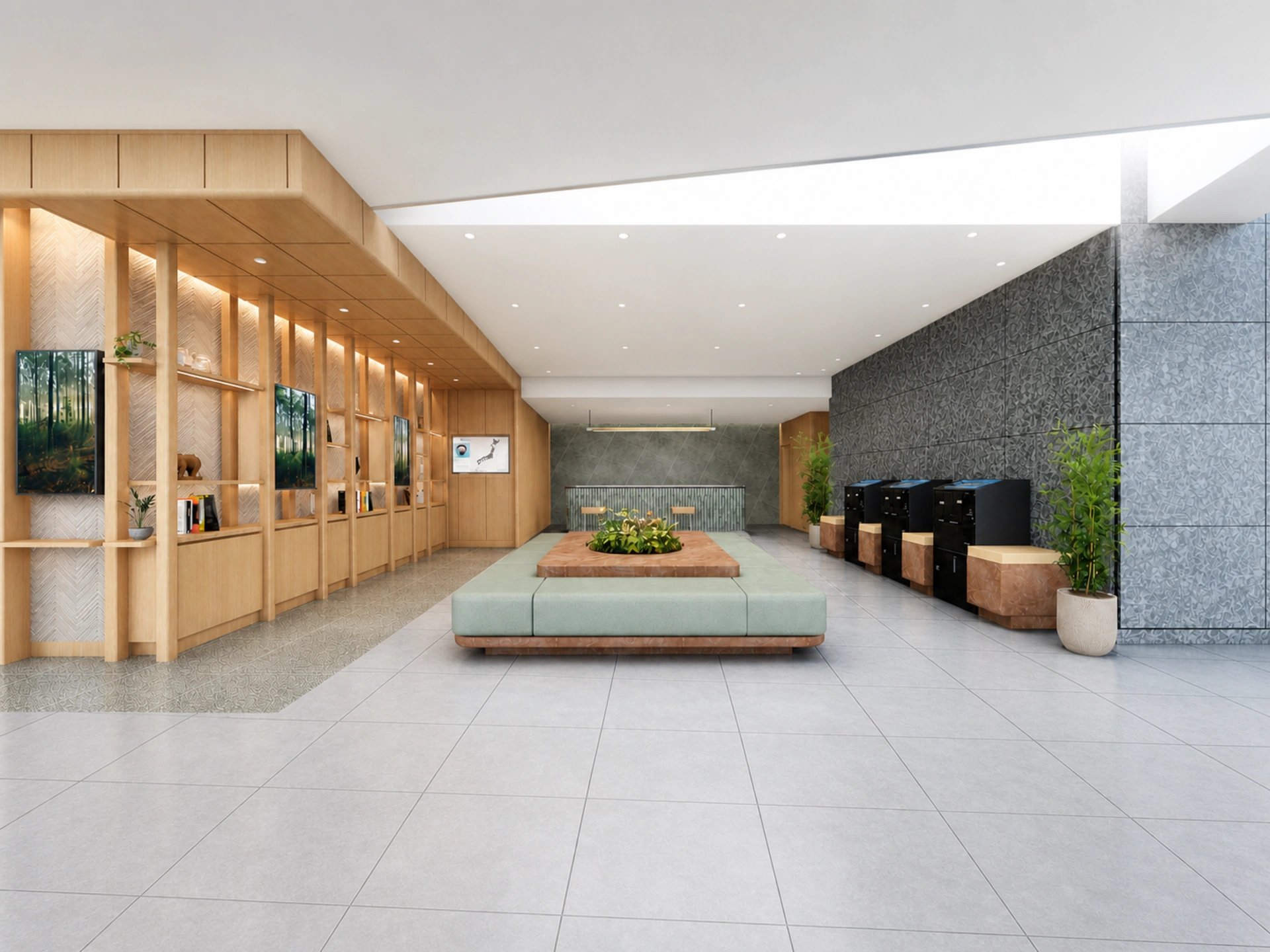 Illustration of the grand lobby interior wrapped in wood and greenery